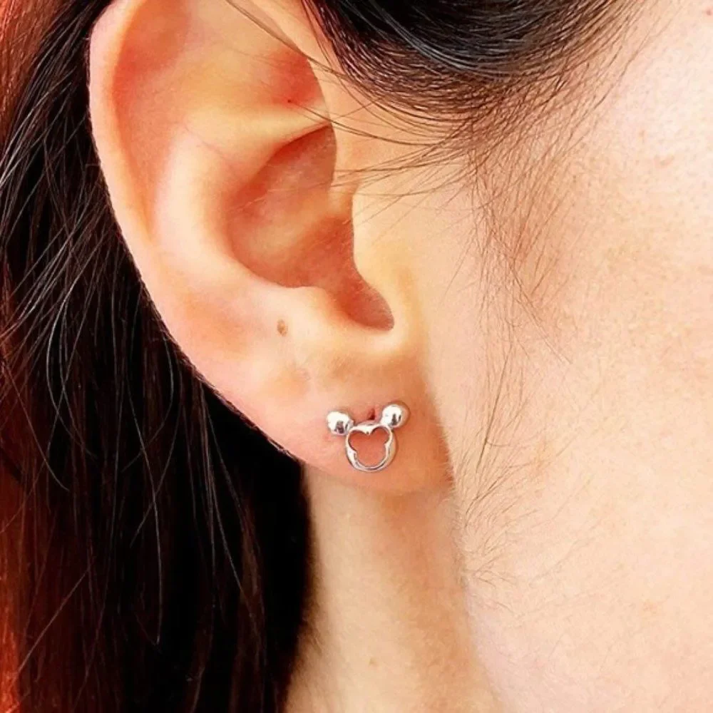 .925 Sterling Silver Cut Out Style Mickey Mouse Post Back Stud Earrings